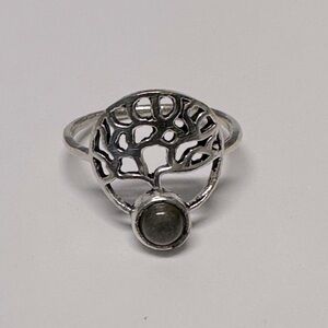 Silver metal Tree of Life Ring with authentic Smokey Quartz stone.